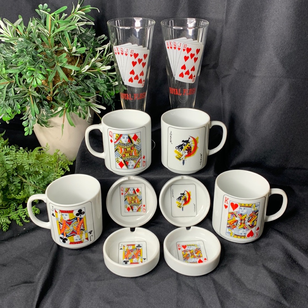 Set a four vintage poker card mugs & ashtrays with two Royal flush beer glasses